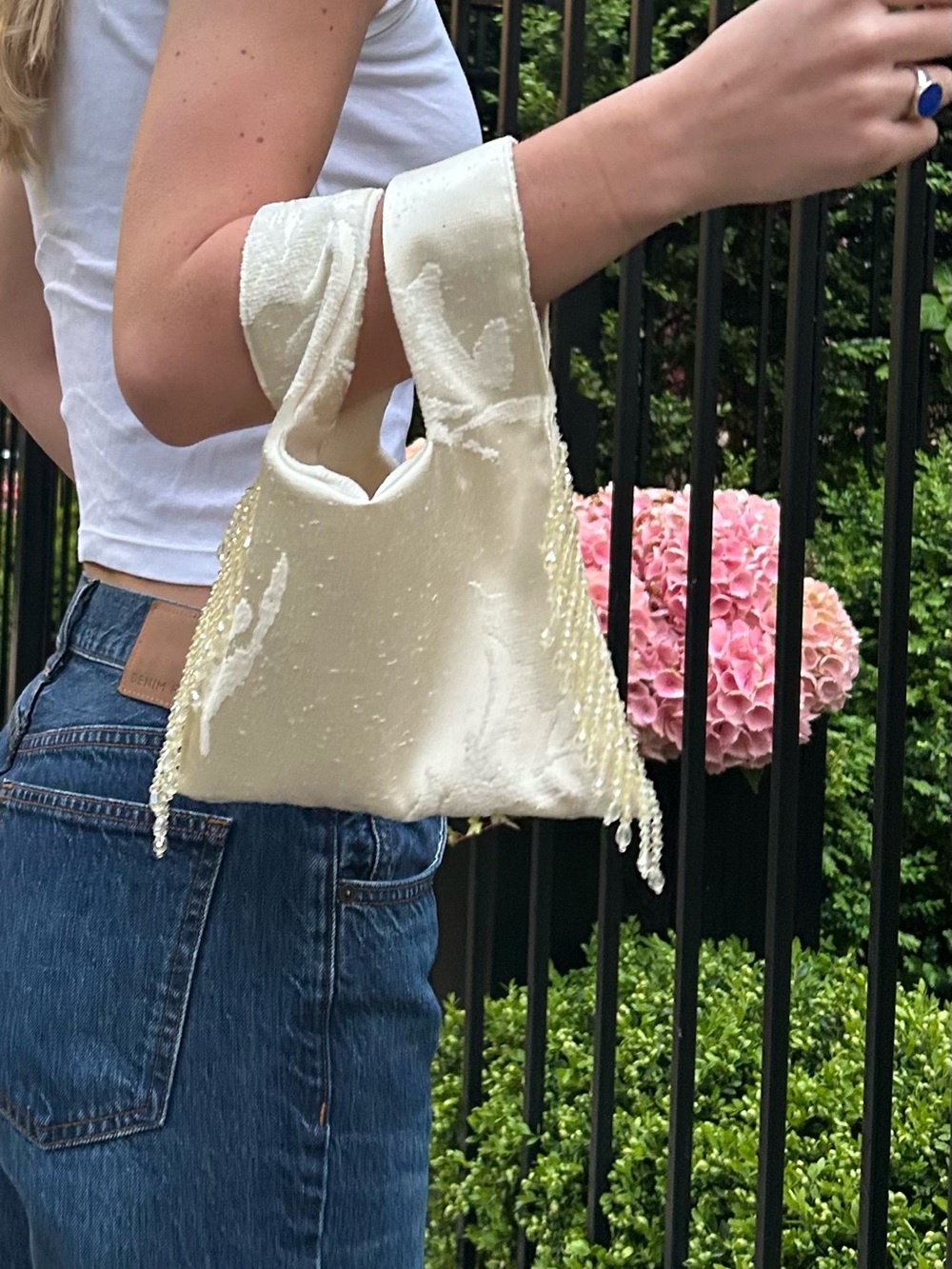 Handmade Elegant Cream beaded Trim Handbag